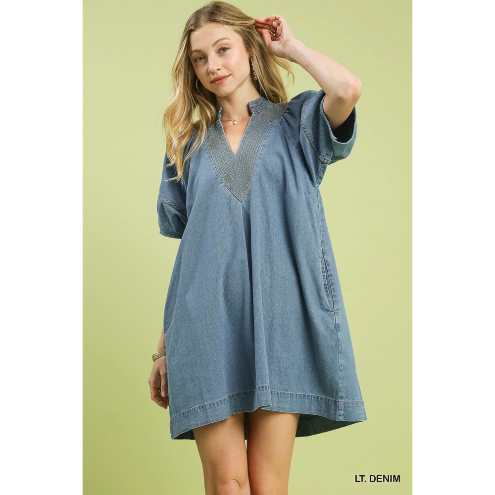 Umgee Denim Mini Dress with Contrast‎ Thread - Large